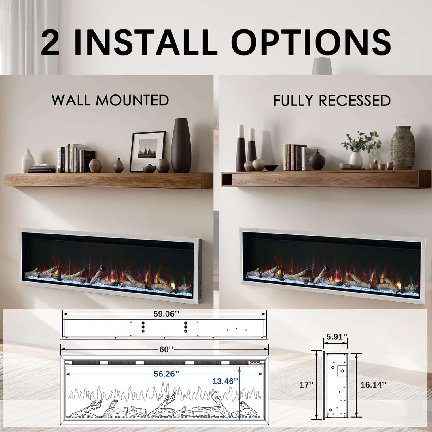 60 Inch Electric Fireplace with Silver Aluminum Frame