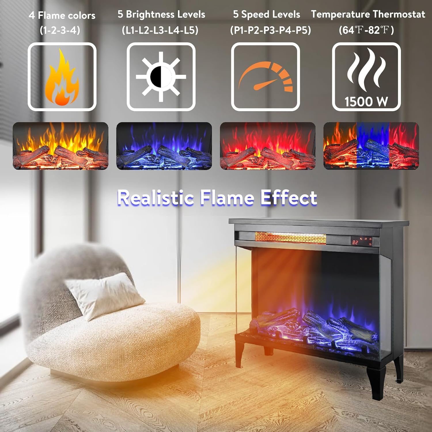 Doredo 3-Sided Electric Fireplace with Remote Control 1