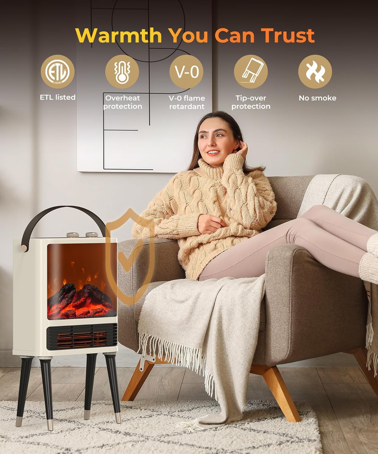 Abolee Fireplace Heater with Realistic LED Flame