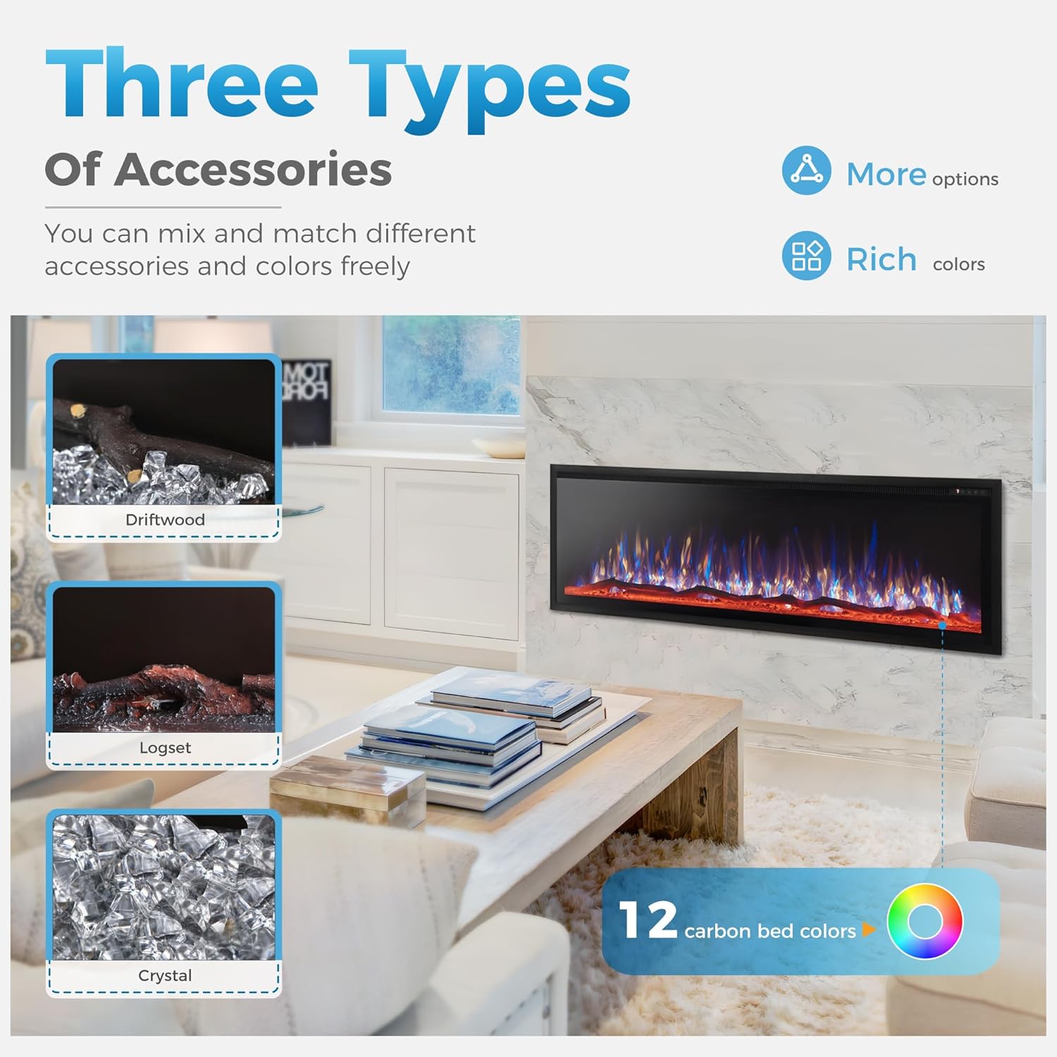 GREEN PARTY 60 Ultra Slim Electric Fireplace with Log Crystal Options
