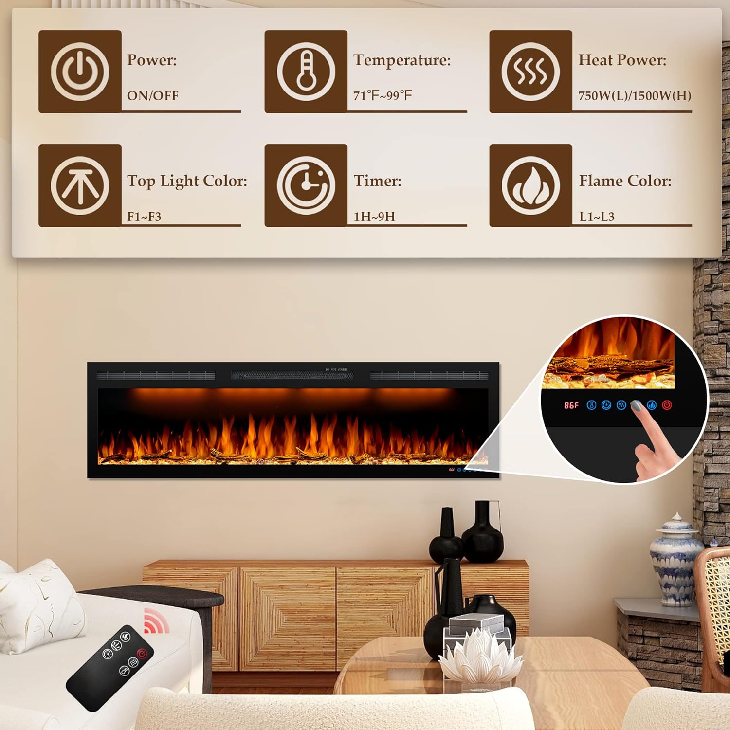 Dreamflame 88 Inches Electric Fireplace with Timer and Remote Control