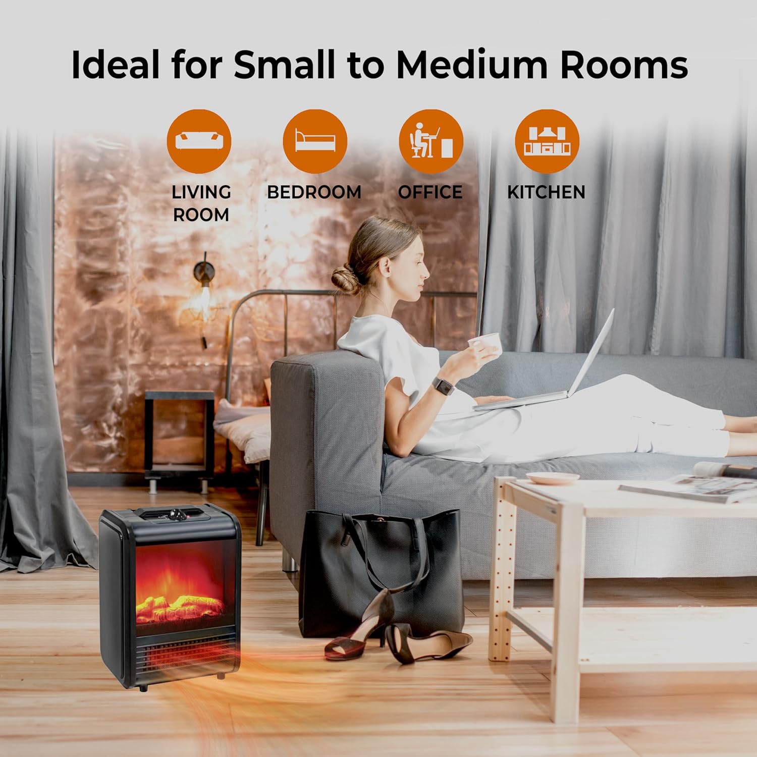 Comfort Zone Electric Mini Fireplace Heater with 3D Flame and Safety Features