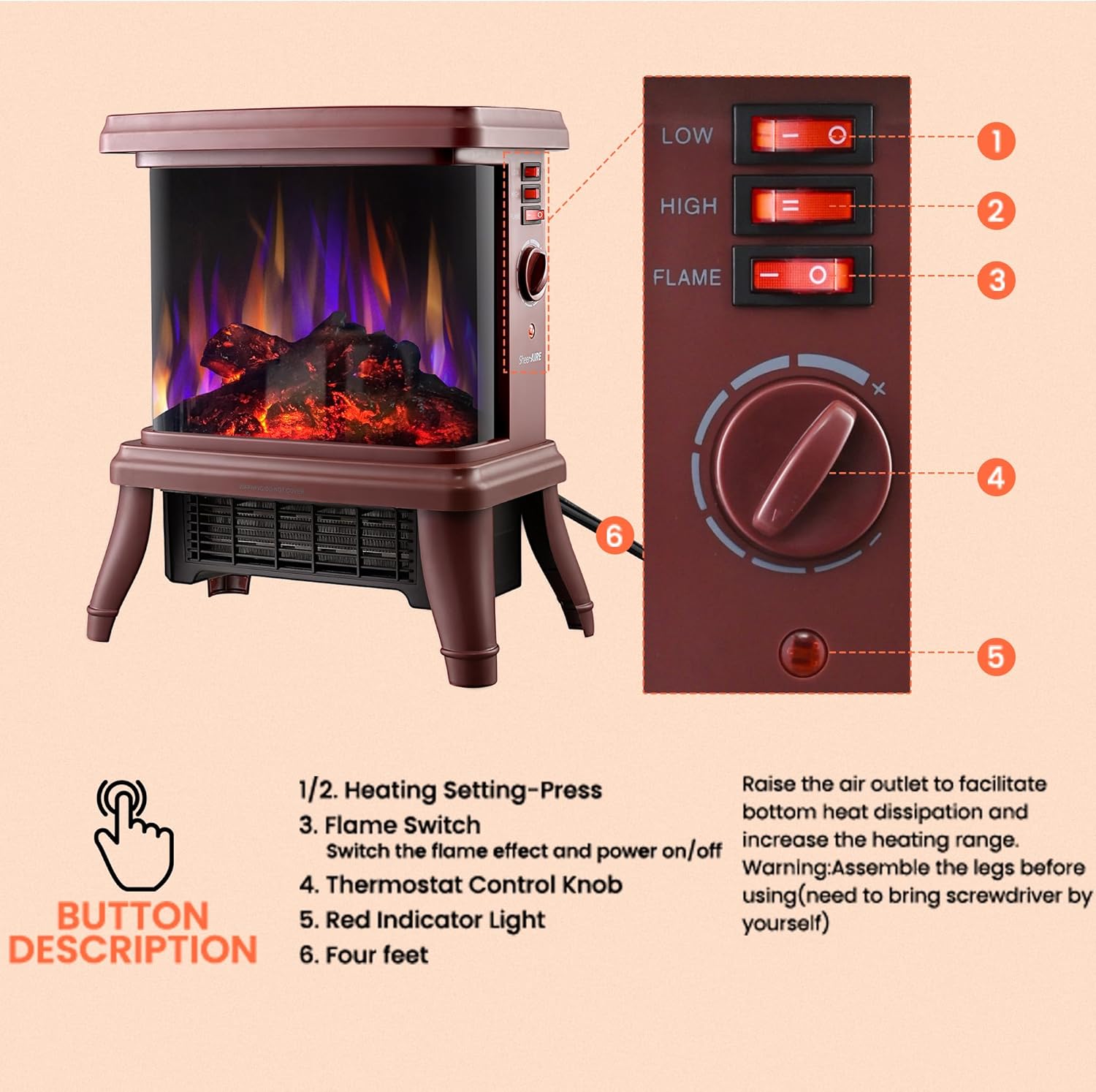 SheerAIRE 18 Electric Fireplace with Flame Effect and 3-Speed Heating