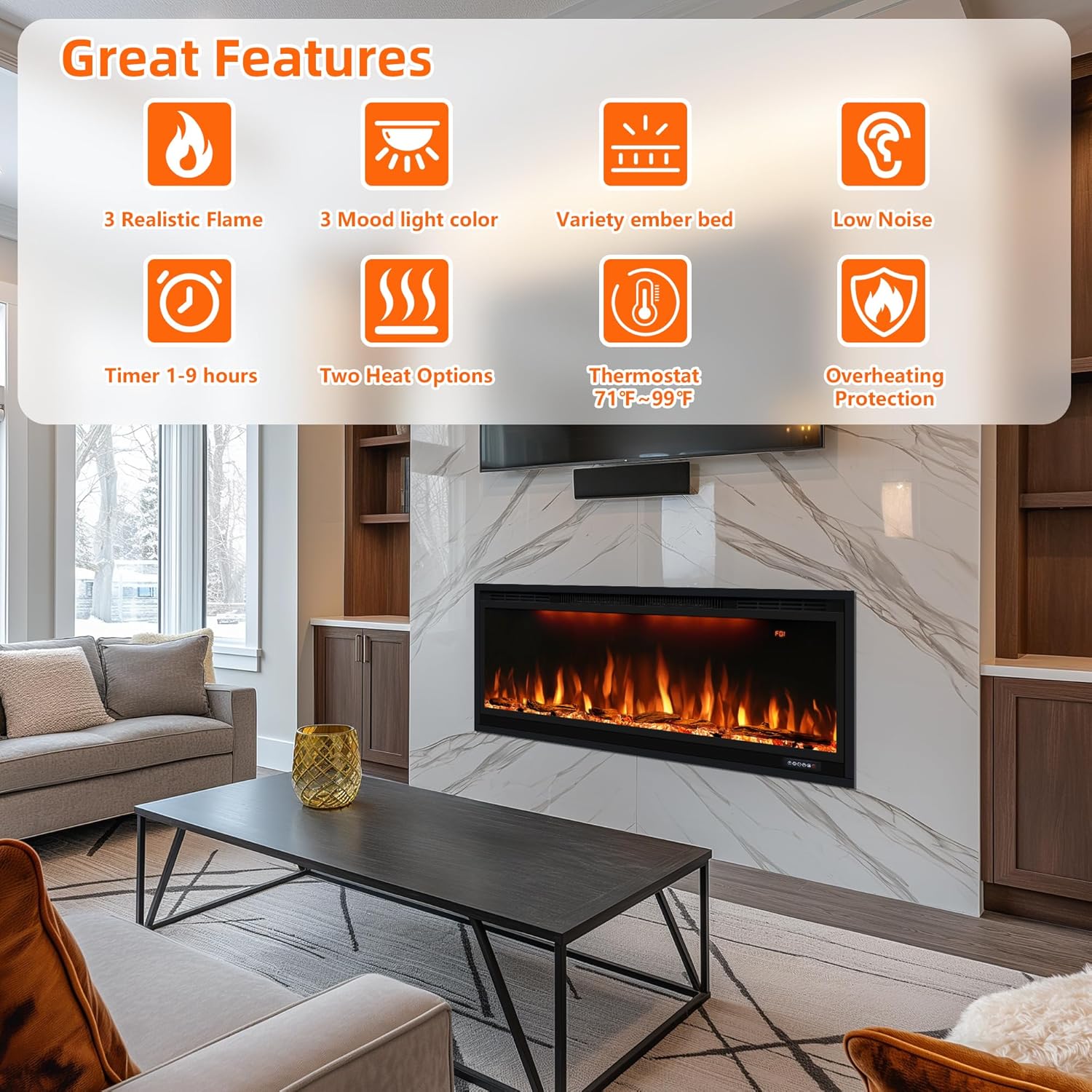Dreamflame 42 Inch Smart Electric Fireplace with App Control and Timer