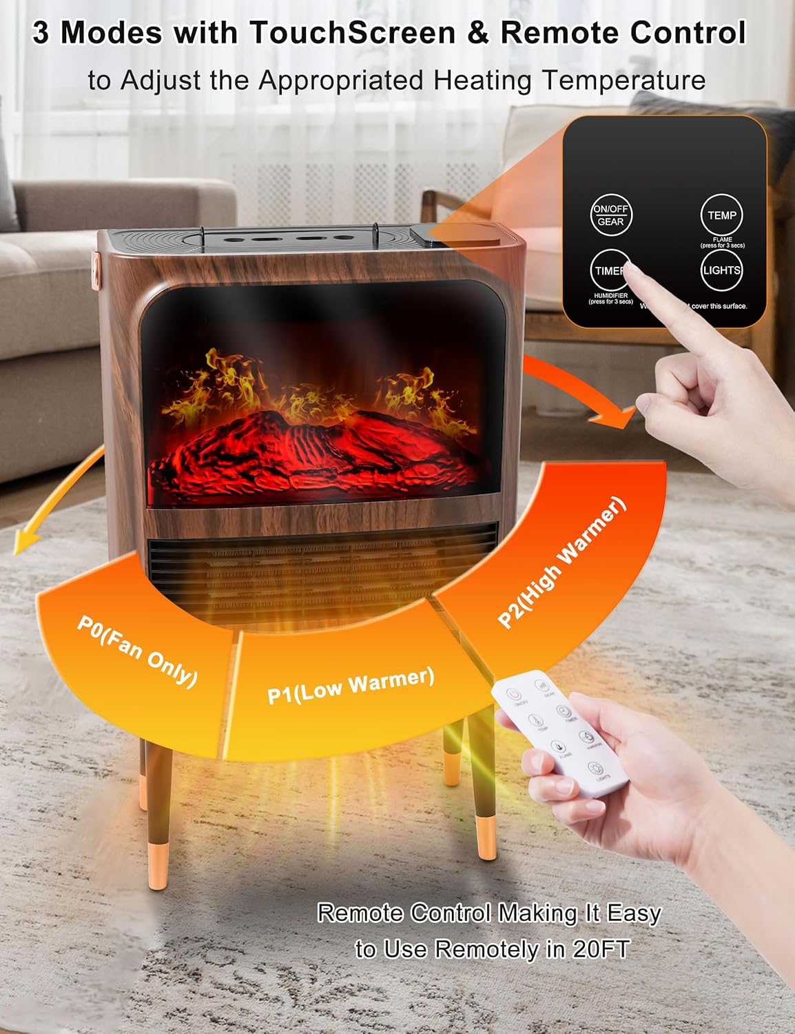 Electric Fireplace Heater with 3D Flame Thermostat and Remote Control