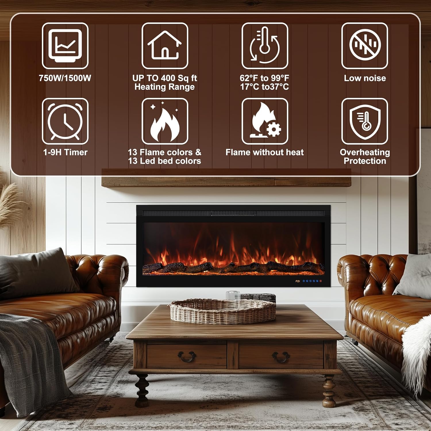 Oxhark Flame 60 Inch Smart Electric Fireplace with Remote Control and 1500W Heater