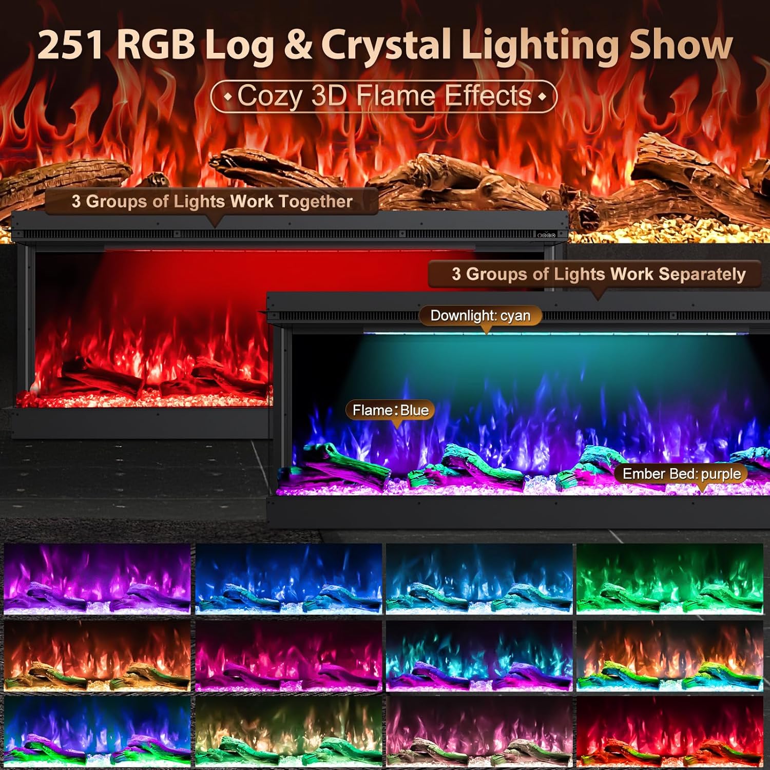 HIRESC 3-Sided Electric Fireplace with 251 RGB LED Flame
