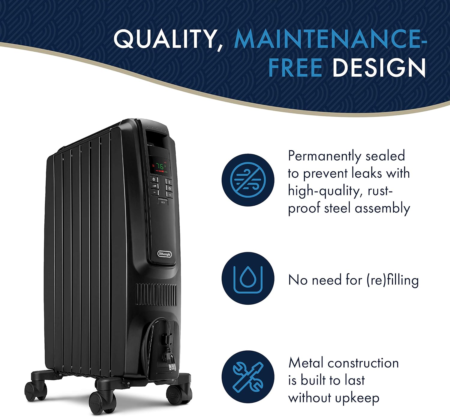 DeLonghi Dragon Digital Oil Filled Radiator Heater 1500W Black