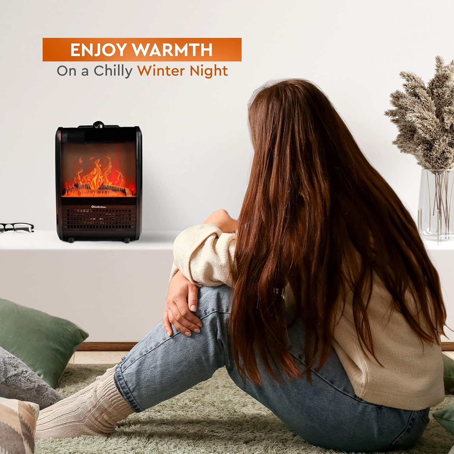 Comfort Zone Electric Mini Fireplace Heater with 3D Flame and Safety Features