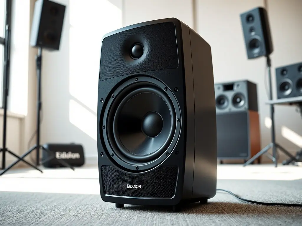 A detailed shot of the Eidolon Pro 8 Loudspeaker in a professional studio setting, showcasing its sleek design and robust construction. The image highlights the speaker's 8-inch woofer and precision-tuned enclosure, emphasizing its ability to deliver deep bass and crystal-clear highs.