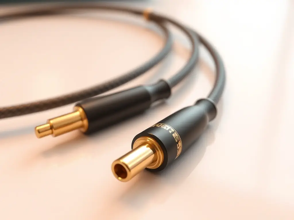 A detailed image of the Eidolon High-Fidelity Audio Cable, showcasing its high-grade materials and gold-plated connectors. The image emphasizes the cable's ability to minimize signal loss and interference, ensuring a pure audio experience.
