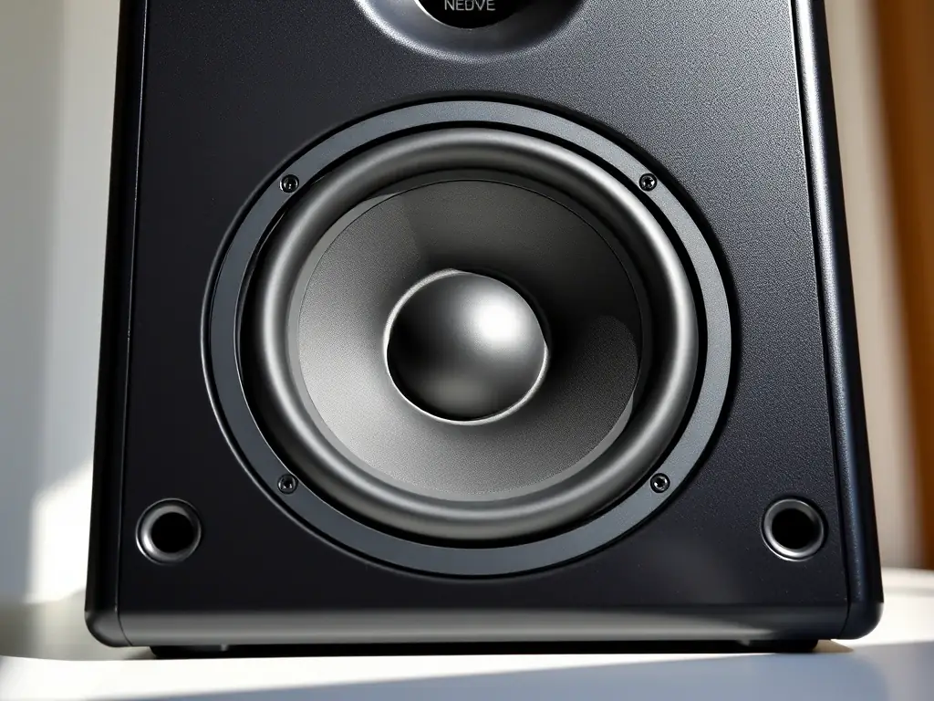 A close-up of the Eidolon Studio Monitor 5, showcasing its compact size and balanced sound profile. The image emphasizes the monitor's 5-inch woofer and 1-inch tweeter, highlighting its versatility for both studio and home environments.